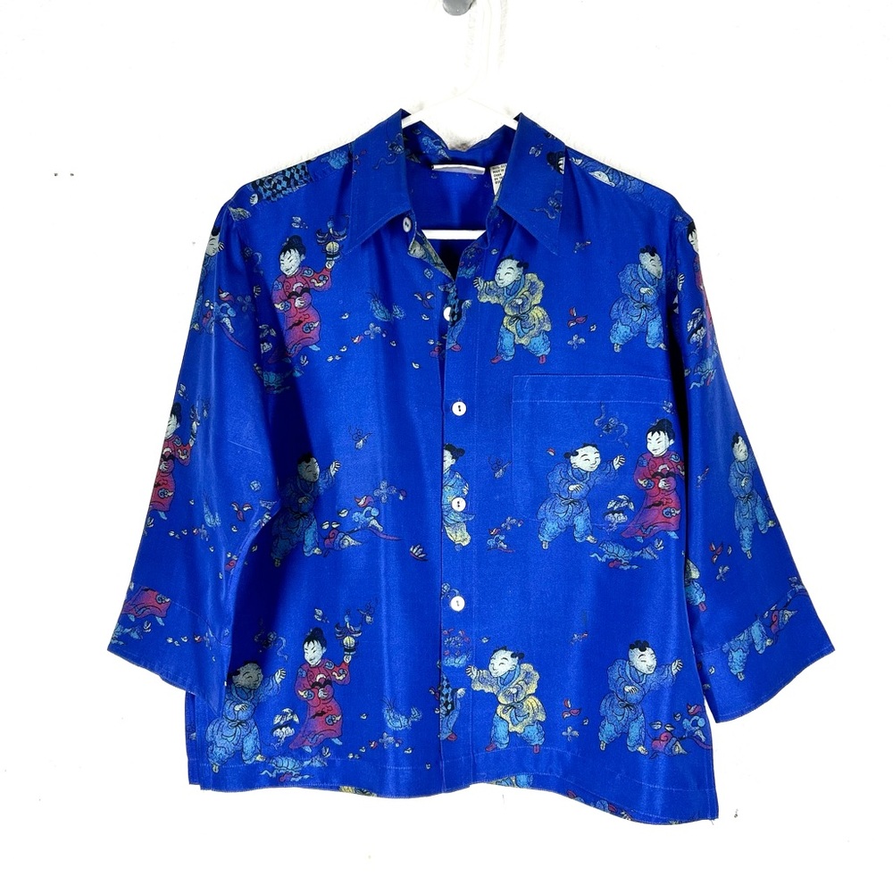 Vintage Chicos Design Silk Asian Print Blouse Blue 0